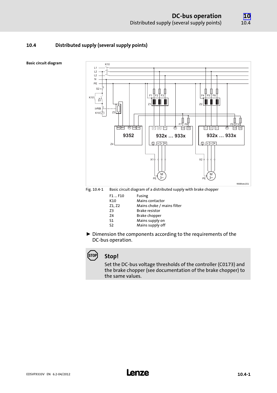 4 distributed supply (several supply points), Distributed supply (several supply points), Dc−bus operation | Stop | Lenze EVF9333−xV User Manual | Page 469 / 508