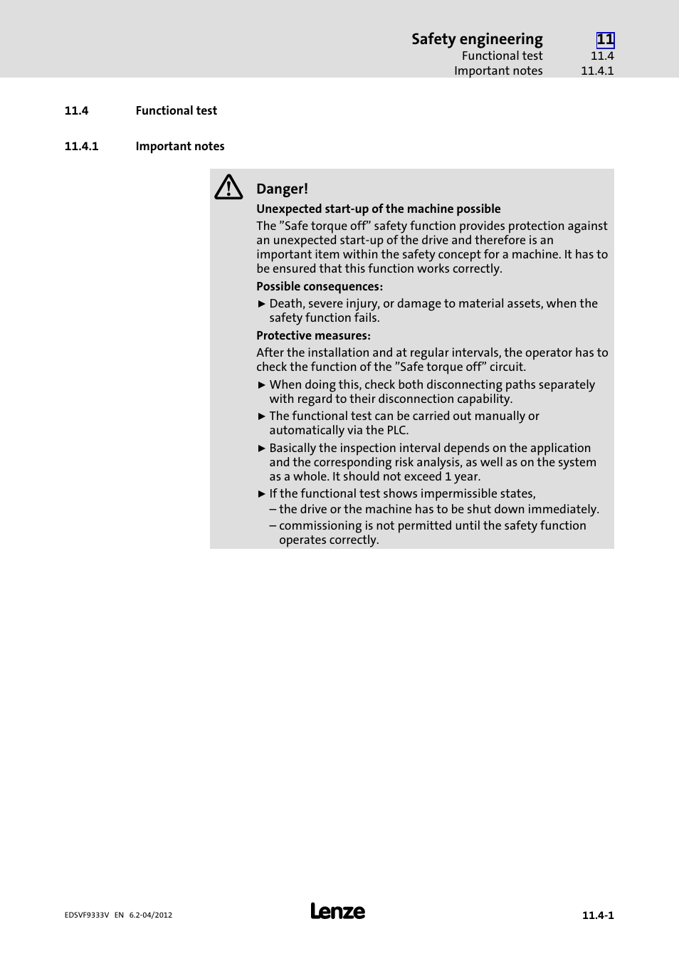 4 functional test, 1 important notes, Functional test | Important notes | Lenze EVF9333−xV User Manual | Page 481 / 508