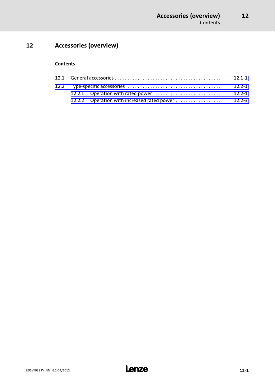 12 accessories (overview), Accessories (overview) | Lenze EVF9333−xV User Manual | Page 487 / 508