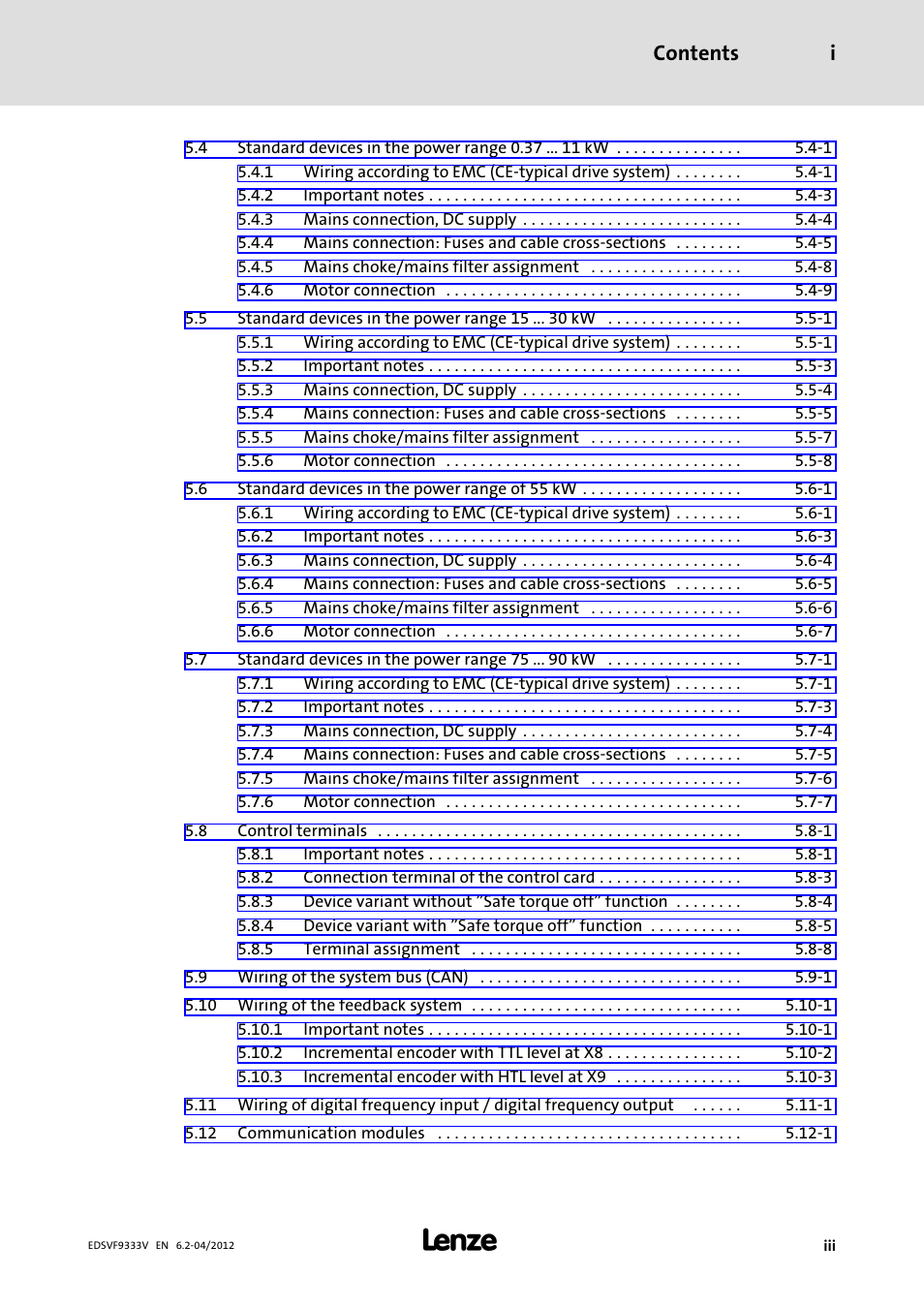Contents i | Lenze EVF9333−xV User Manual | Page 5 / 508