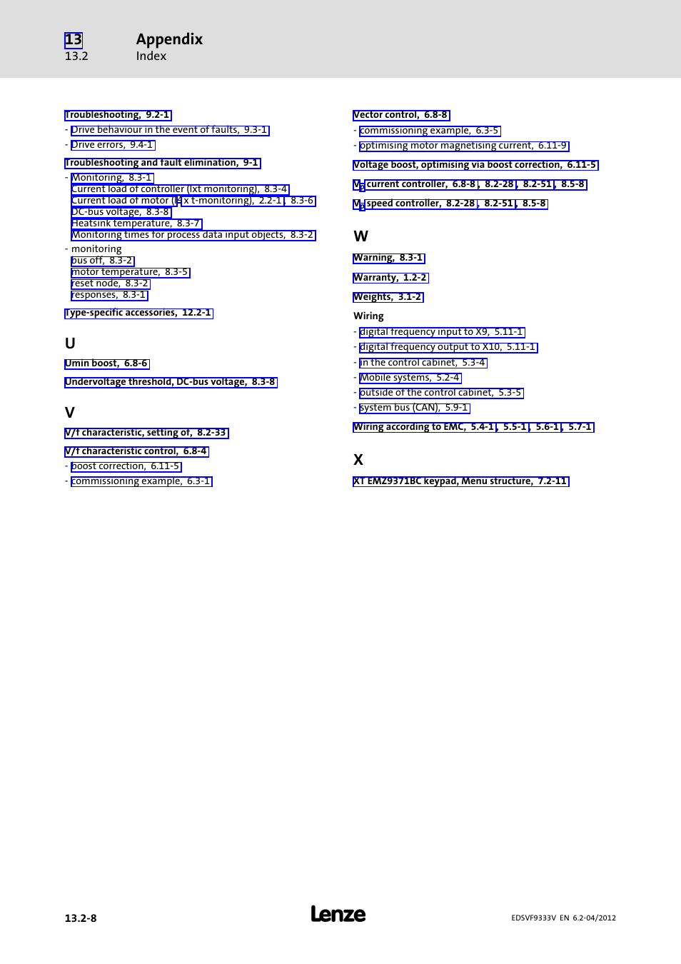 Appendix | Lenze EVF9333−xV User Manual | Page 506 / 508