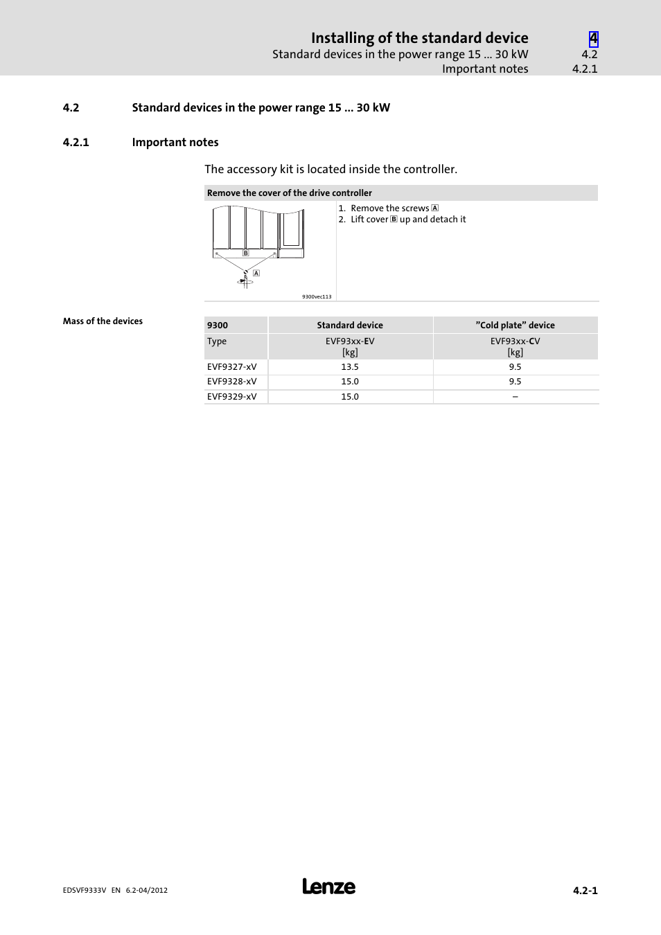 2 standard devices in the power range 15 kw, 1 important notes, Standard devices in the power range 15 kw | Important notes, Installing of the standard device | Lenze EVF9333−xV User Manual | Page 59 / 508