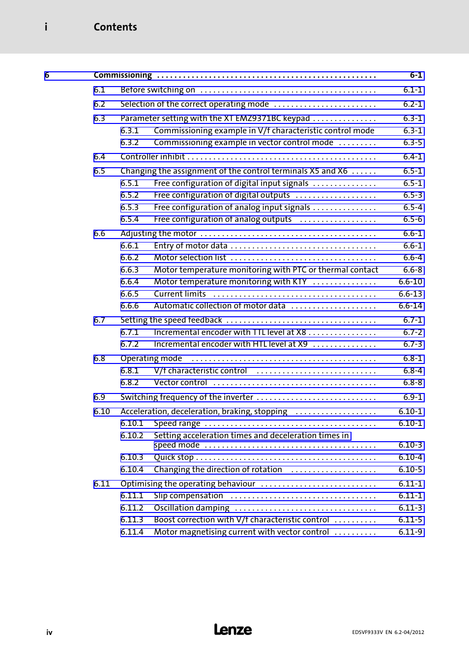 Contents i | Lenze EVF9333−xV User Manual | Page 6 / 508
