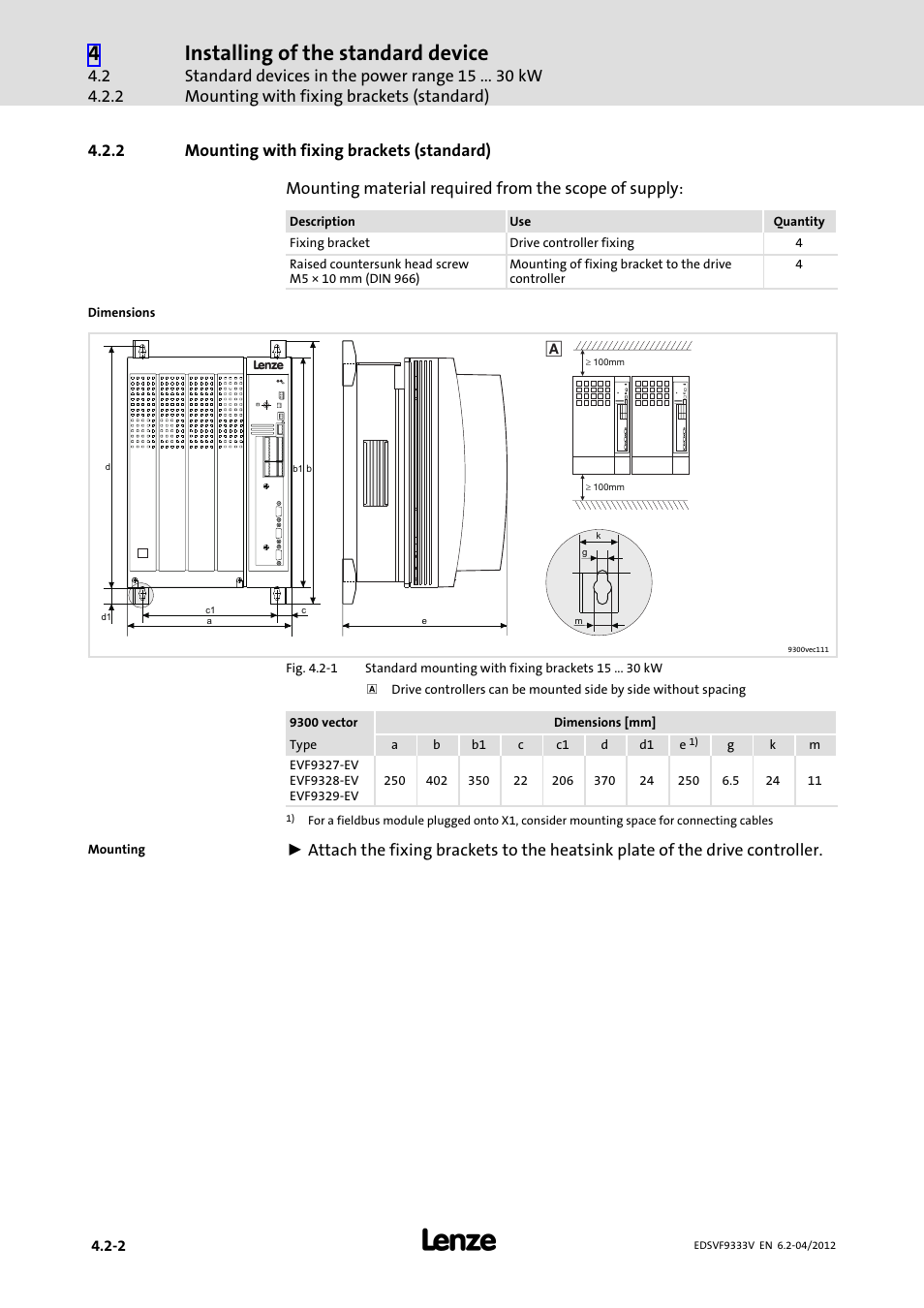 2 mounting with fixing brackets (standard), Mounting with fixing brackets (standard), Installing of the standard device | Lenze EVF9333−xV User Manual | Page 60 / 508