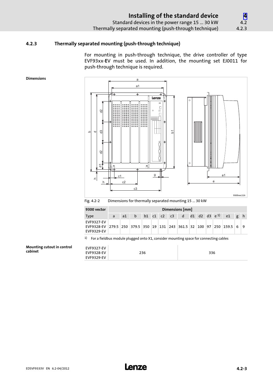 Installing of the standard device | Lenze EVF9333−xV User Manual | Page 61 / 508