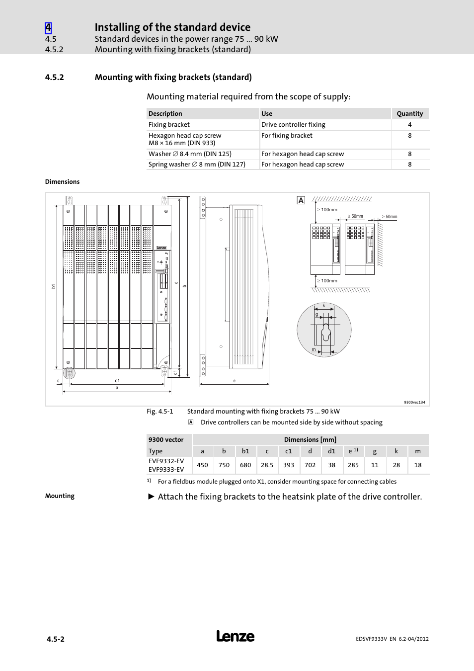 2 mounting with fixing brackets (standard), Mounting with fixing brackets (standard), Installing of the standard device | Lenze EVF9333−xV User Manual | Page 76 / 508