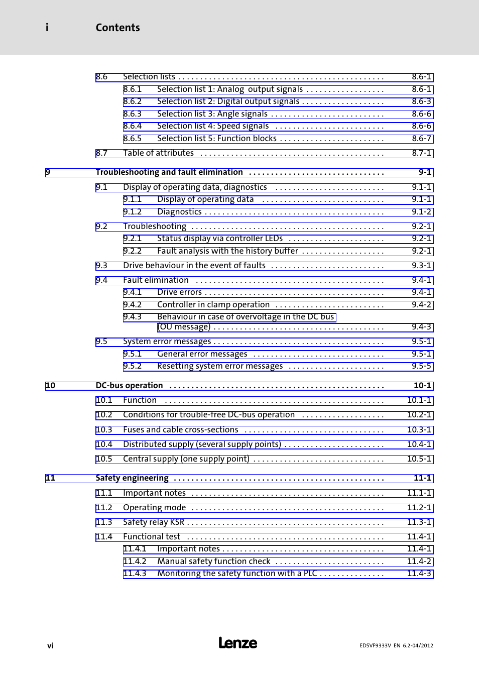 Contents i | Lenze EVF9333−xV User Manual | Page 8 / 508