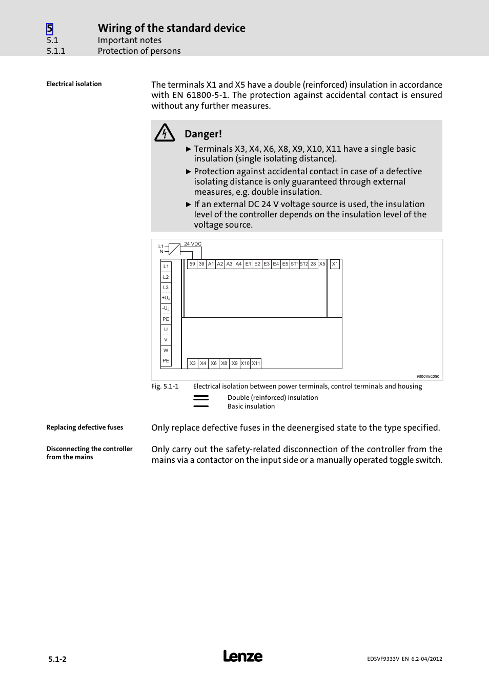 Wiring of the standard device, Danger | Lenze EVF9333−xV User Manual | Page 82 / 508