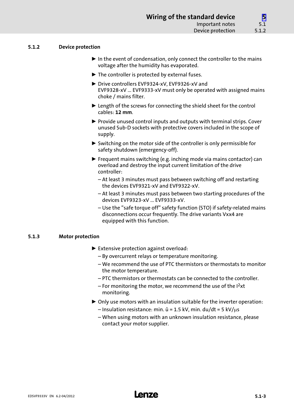 2 device protection, 3 motor protection, Device protection | Motor protection, Wiring of the standard device | Lenze EVF9333−xV User Manual | Page 83 / 508