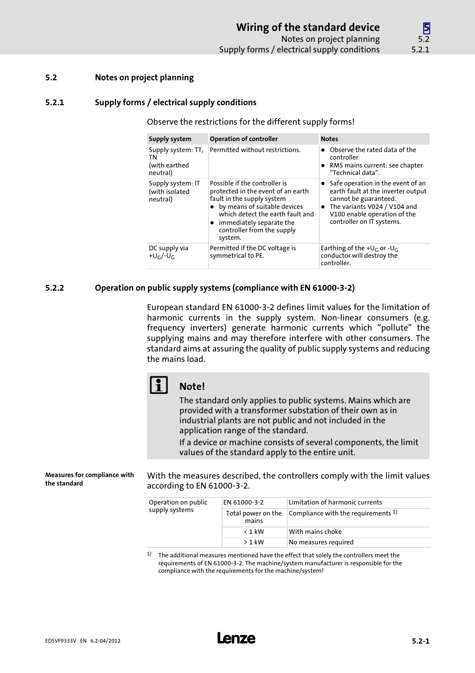 2 notes on project planning, 1 supply forms / electrical supply conditions, Notes on project planning | Supply forms / electrical supply conditions, Wiring of the standard device | Lenze EVF9333−xV User Manual | Page 85 / 508