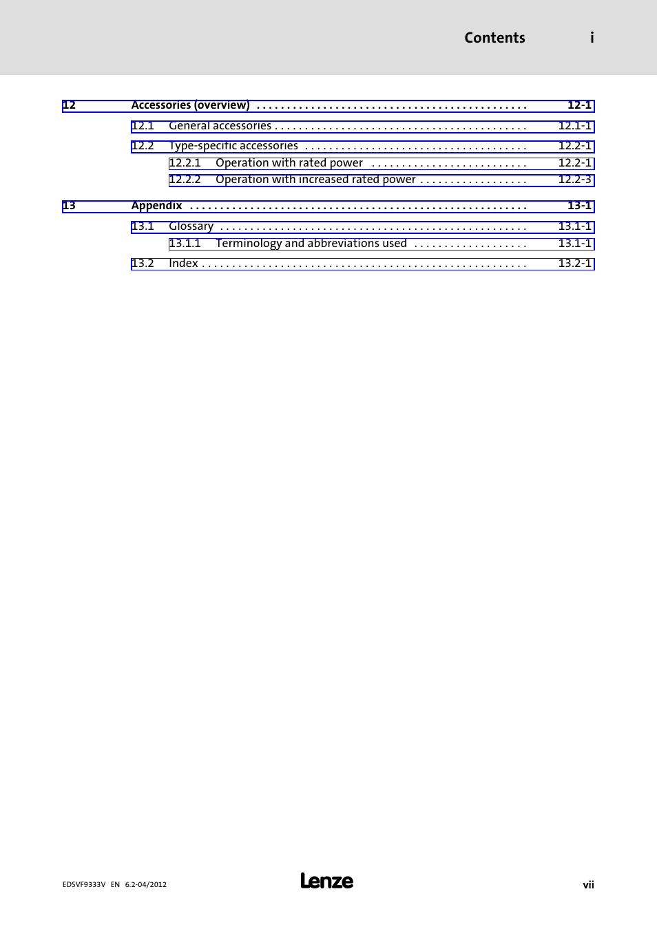 Contents i | Lenze EVF9333−xV User Manual | Page 9 / 508