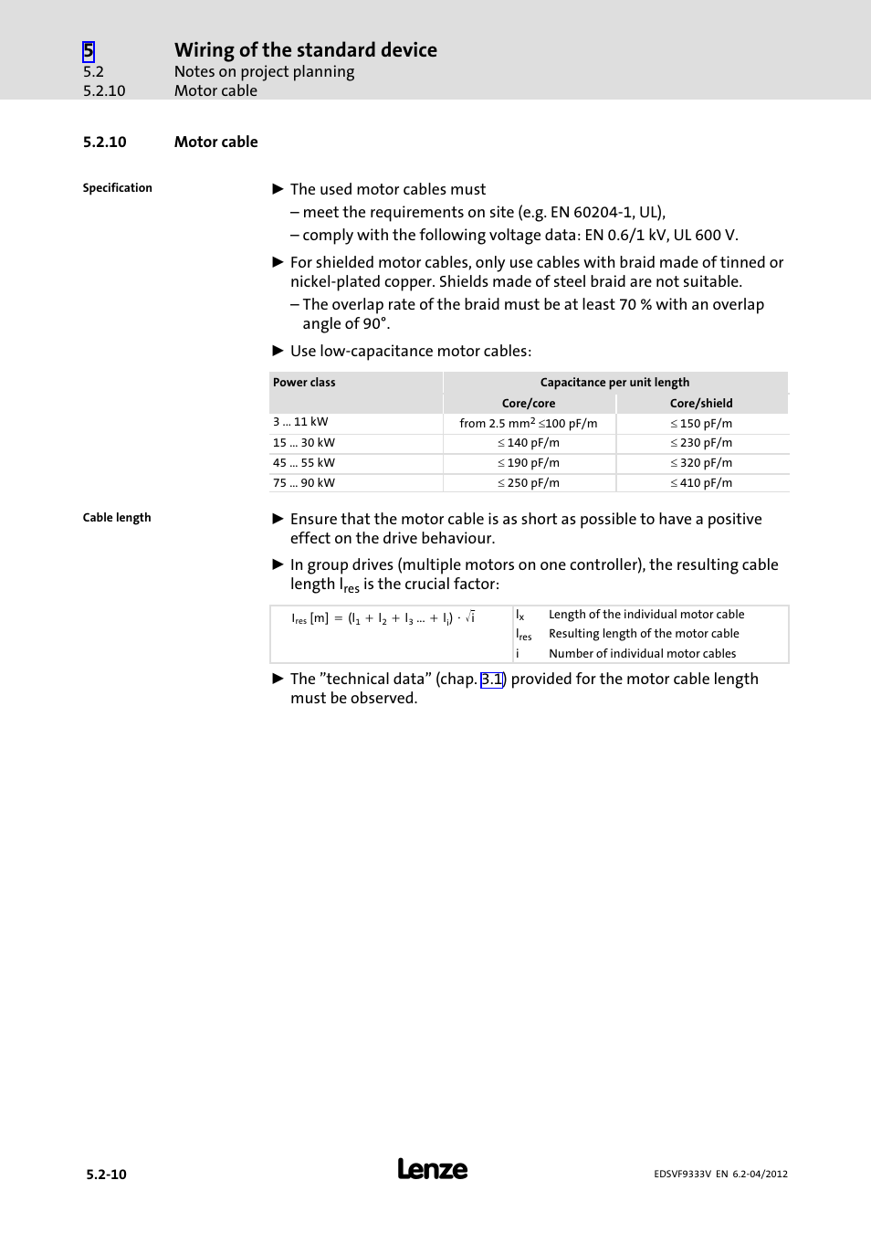 10 motor cable, Motor cable, Wiring of the standard device | Lenze EVF9333−xV User Manual | Page 94 / 508