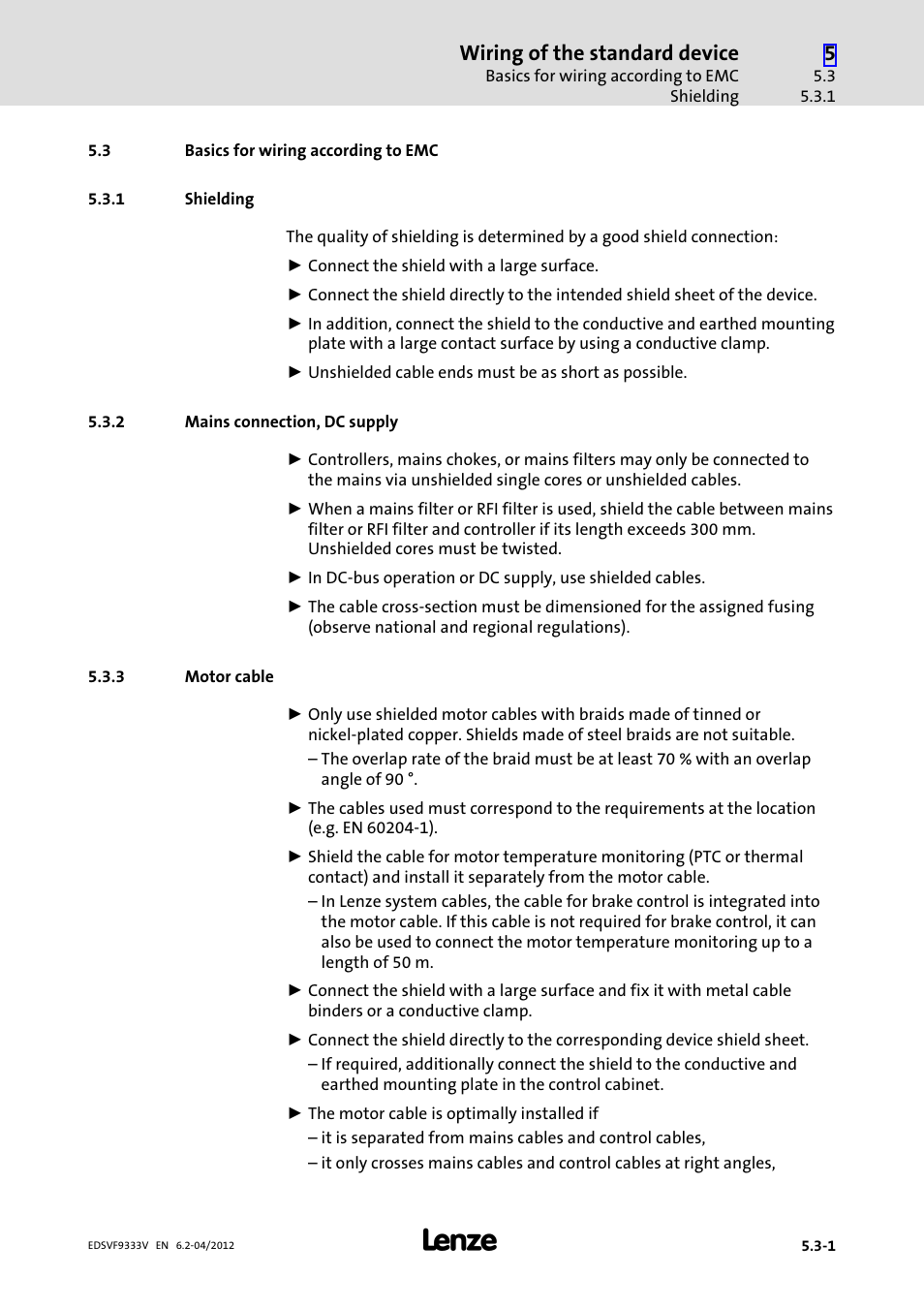 3 basics for wiring according to emc, 1 shielding, 2 mains connection, dc supply | 3 motor cable, Basics for wiring according to emc, Shielding, Mains connection, dc supply, Motor cable, Wiring of the standard device | Lenze EVF9333−xV User Manual | Page 97 / 508