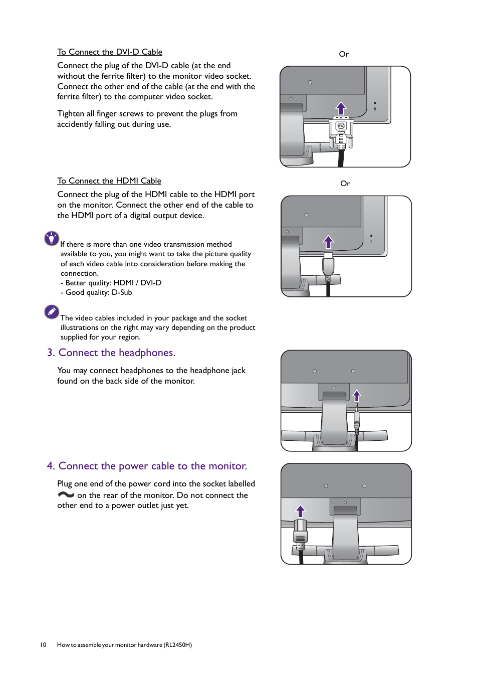 Connect the headphones, Connect the power cable to the monitor | BenQ Professional RTS Gaming Monitor RL2450H / RL2450HT User Manual | Page 10 / 45