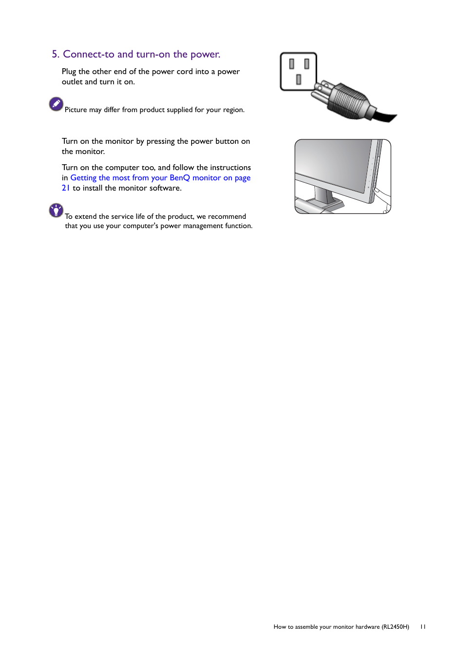Connect-to and turn-on the power | BenQ Professional RTS Gaming Monitor RL2450H / RL2450HT User Manual | Page 11 / 45
