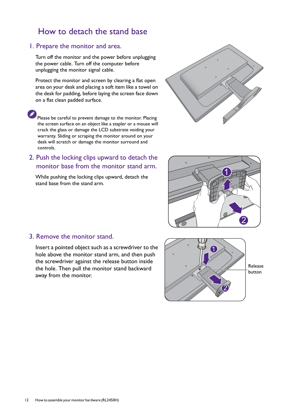 How to detach the stand base | BenQ Professional RTS Gaming Monitor RL2450H / RL2450HT User Manual | Page 12 / 45