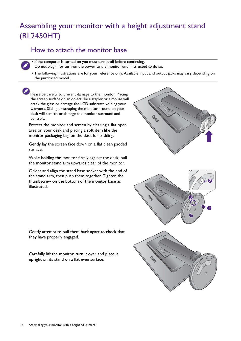 How to attach the monitor base | BenQ Professional RTS Gaming Monitor RL2450H / RL2450HT User Manual | Page 14 / 45