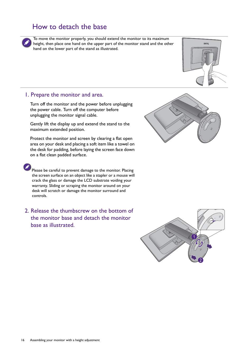 How to detach the base, Prepare the monitor and area | BenQ Professional RTS Gaming Monitor RL2450H / RL2450HT User Manual | Page 16 / 45