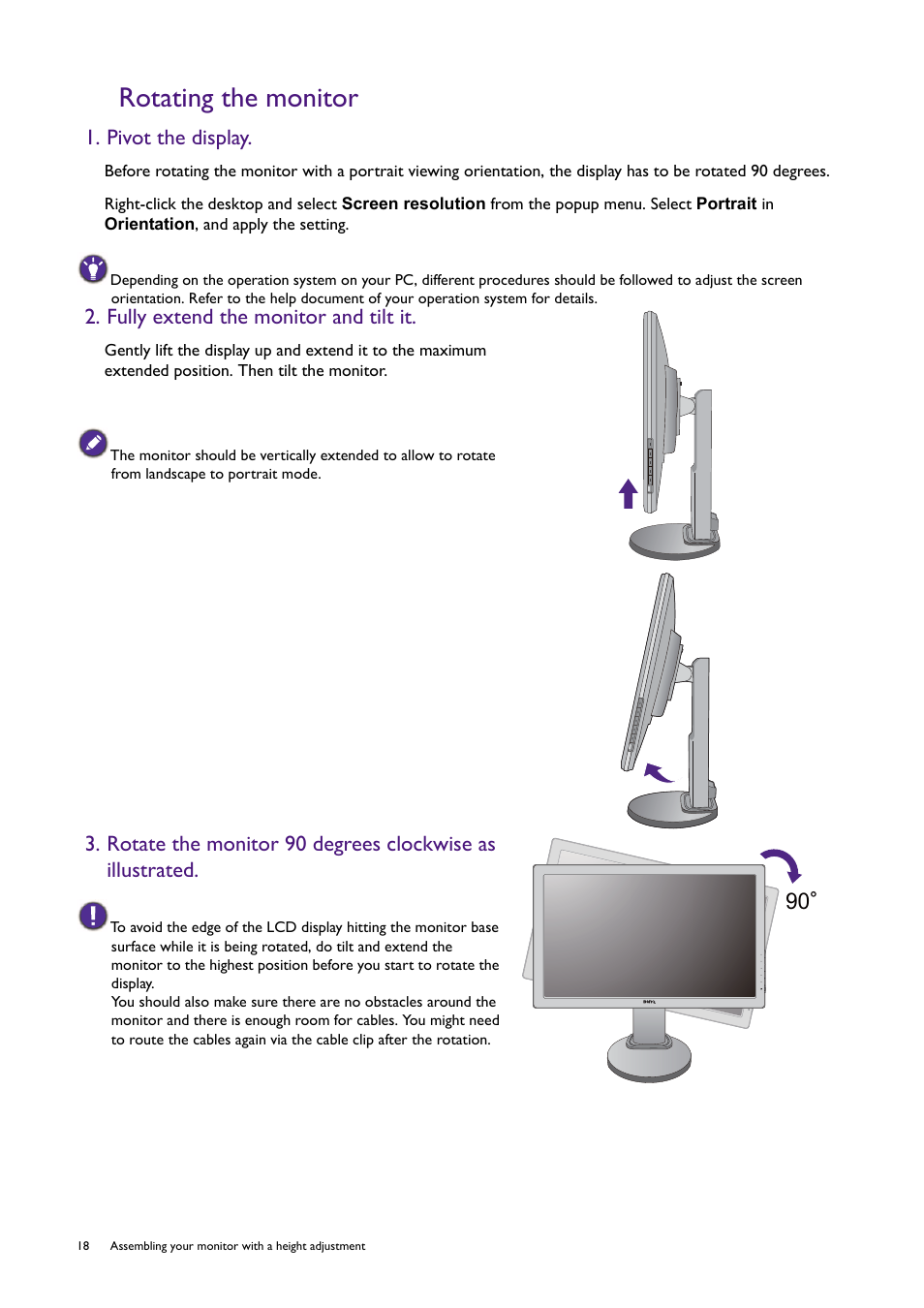 Rotating the monitor, Pivot the display, Fully extend the monitor and tilt it | BenQ Professional RTS Gaming Monitor RL2450H / RL2450HT User Manual | Page 18 / 45