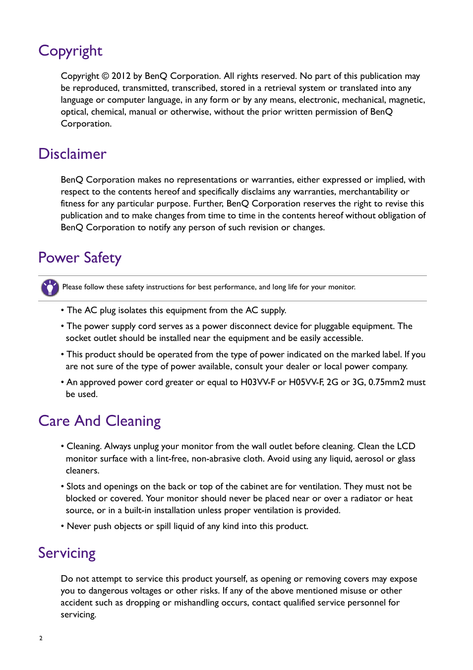 Copyright, Disclaimer, Power safety | Care and cleaning, Servicing | BenQ Professional RTS Gaming Monitor RL2450H / RL2450HT User Manual | Page 2 / 45