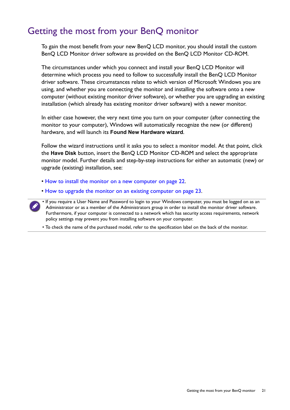 Getting the most from your benq monitor, To instal | BenQ Professional RTS Gaming Monitor RL2450H / RL2450HT User Manual | Page 21 / 45