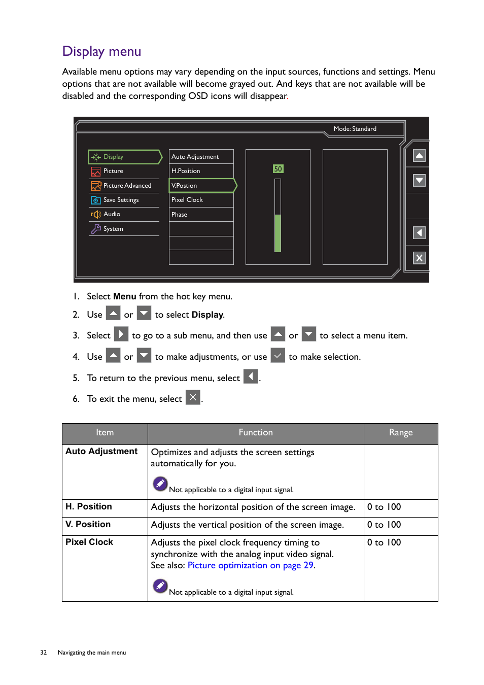 Display menu | BenQ Professional RTS Gaming Monitor RL2450H / RL2450HT User Manual | Page 32 / 45