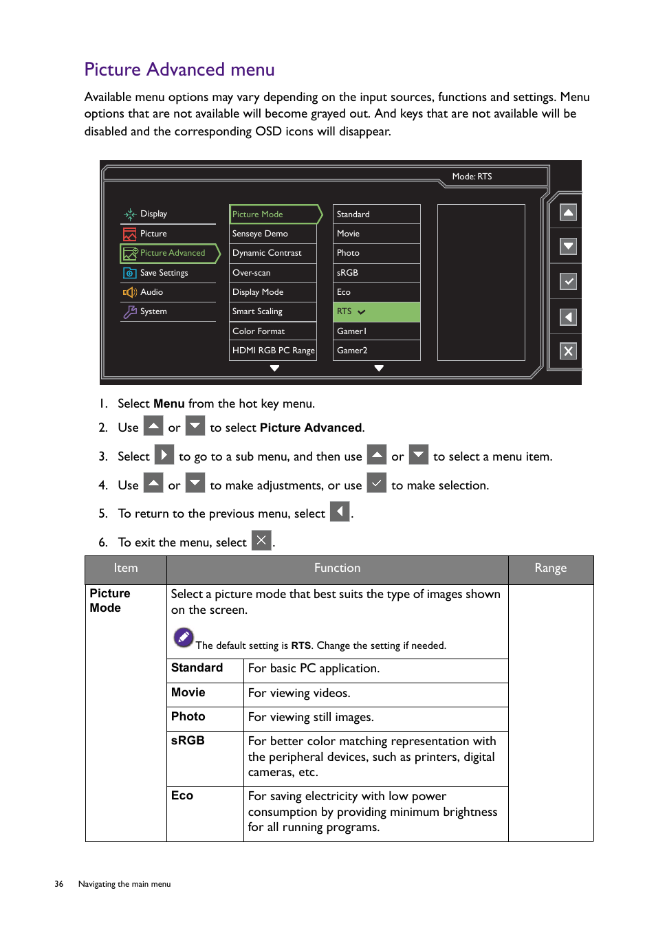 Picture advanced menu, Picture mode | BenQ Professional RTS Gaming Monitor RL2450H / RL2450HT User Manual | Page 36 / 45