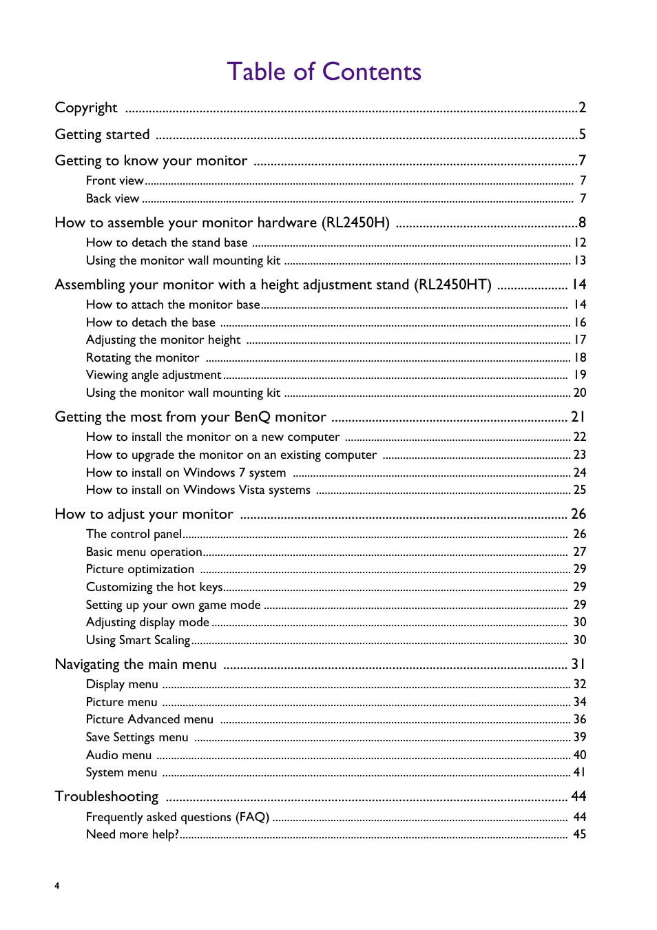 BenQ Professional RTS Gaming Monitor RL2450H / RL2450HT User Manual | Page 4 / 45