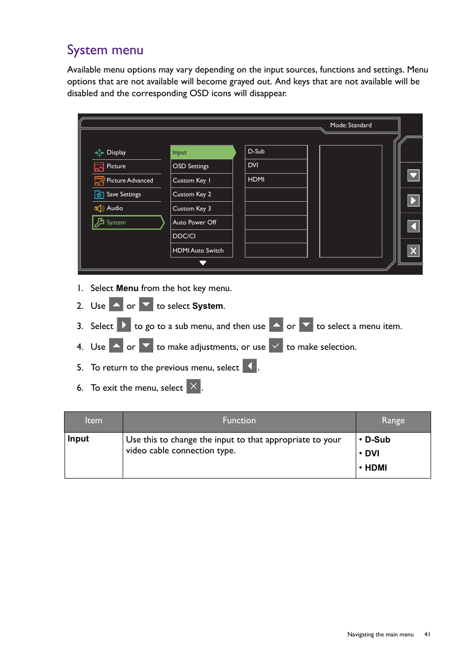 System menu | BenQ Professional RTS Gaming Monitor RL2450H / RL2450HT User Manual | Page 41 / 45