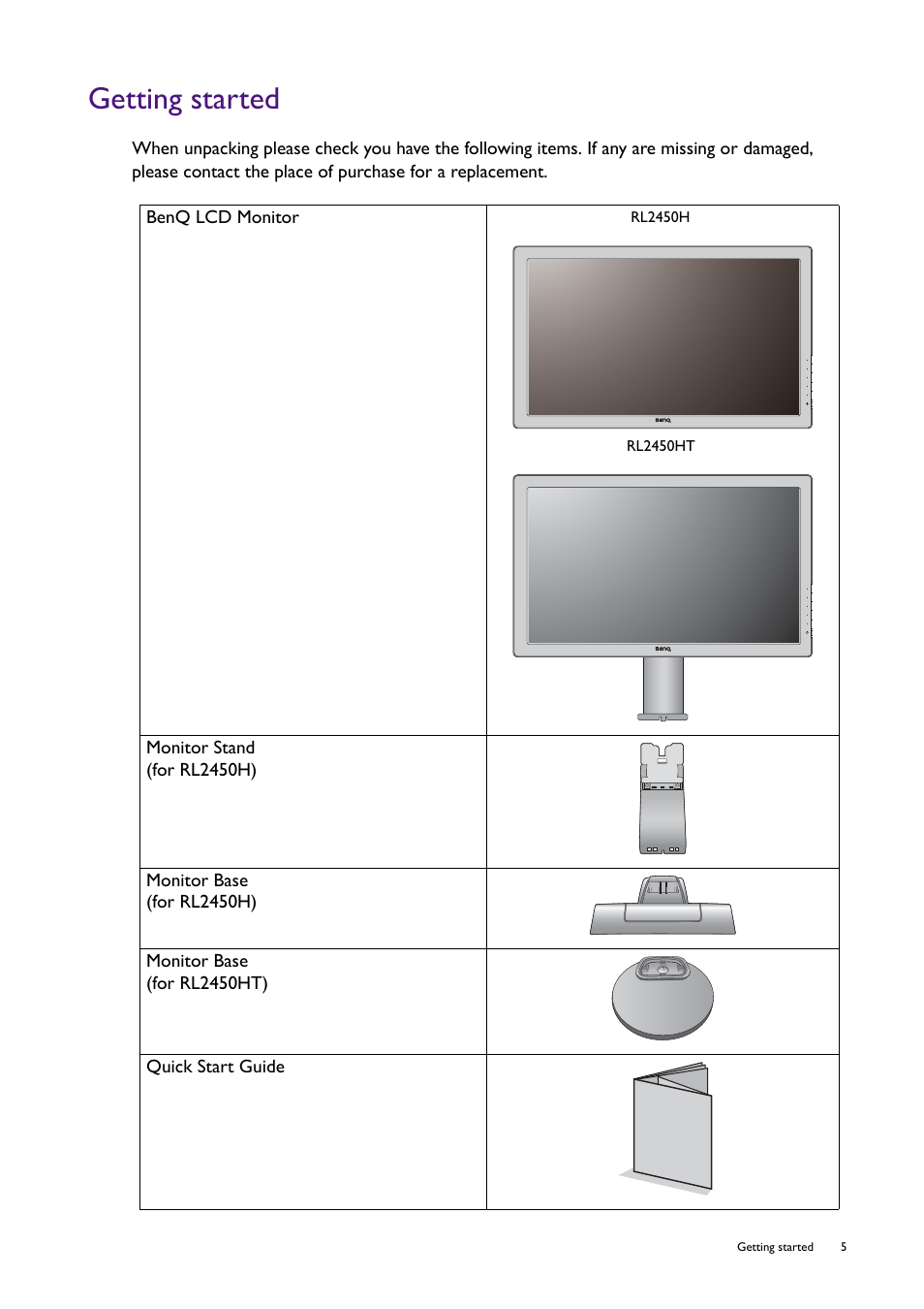 Getting started | BenQ Professional RTS Gaming Monitor RL2450H / RL2450HT User Manual | Page 5 / 45