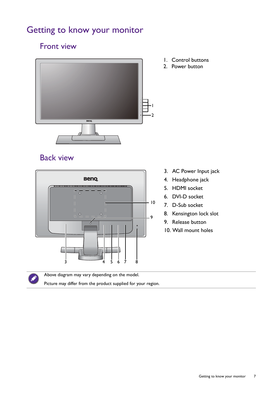 Getting to know your monitor, Front view, Back view | Front view back view | BenQ Professional RTS Gaming Monitor RL2450H / RL2450HT User Manual | Page 7 / 45