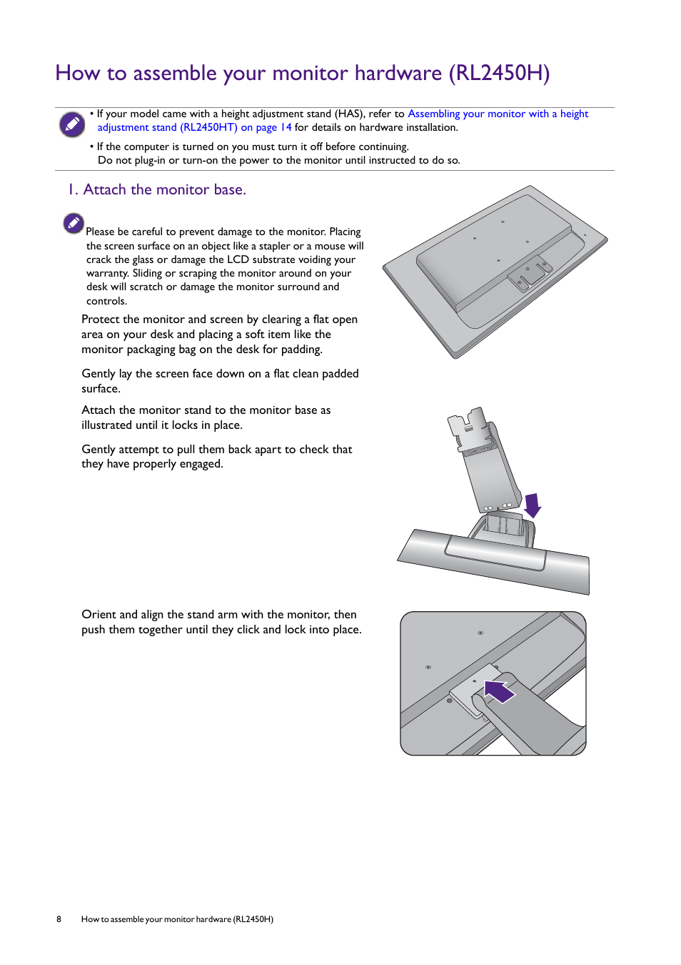 How to assemble your monitor hardware (rl2450h), Attach the monitor base | BenQ Professional RTS Gaming Monitor RL2450H / RL2450HT User Manual | Page 8 / 45