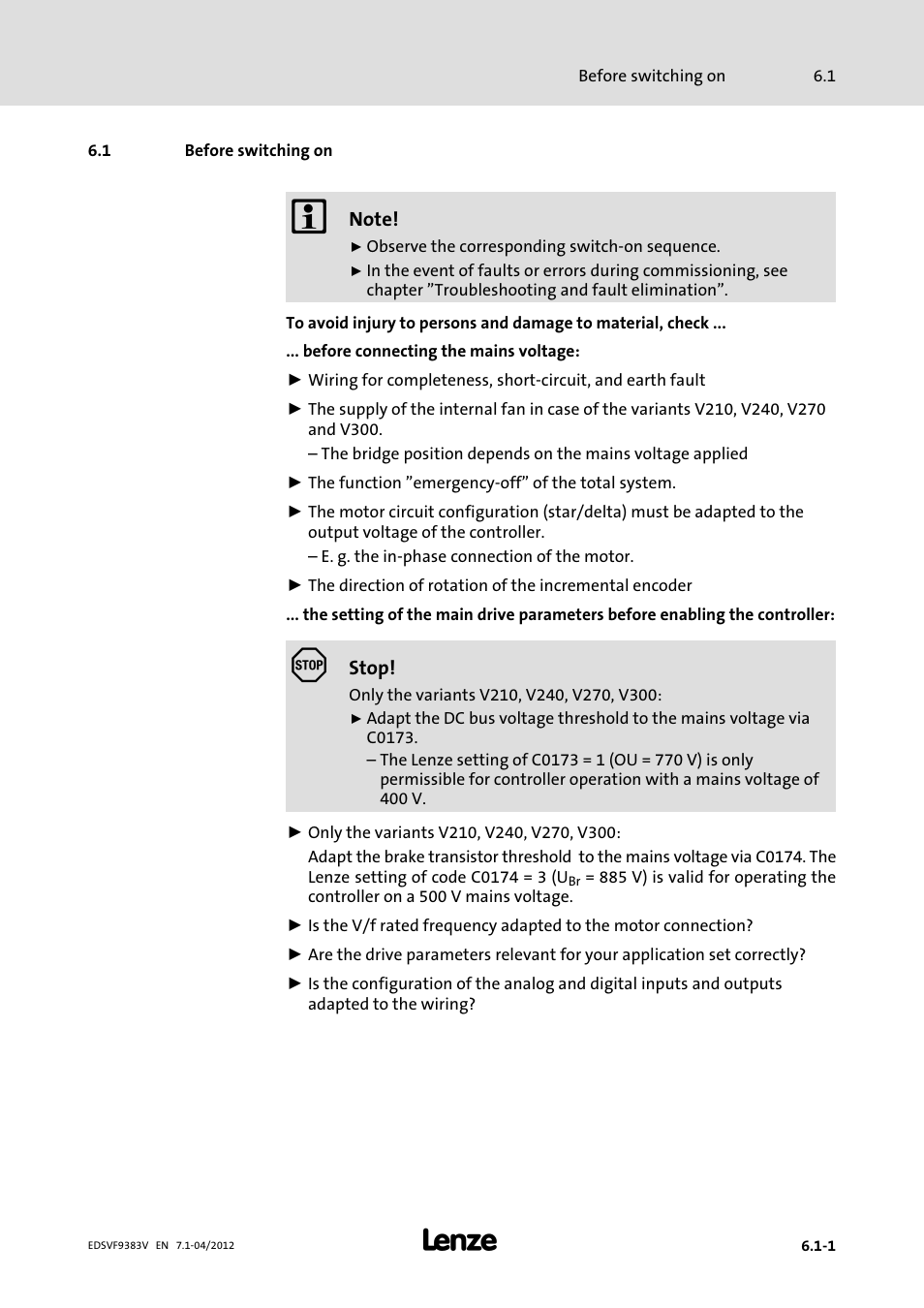 1 before switching on, Before switching on | Lenze EVF9383 User Manual | Page 121 / 458