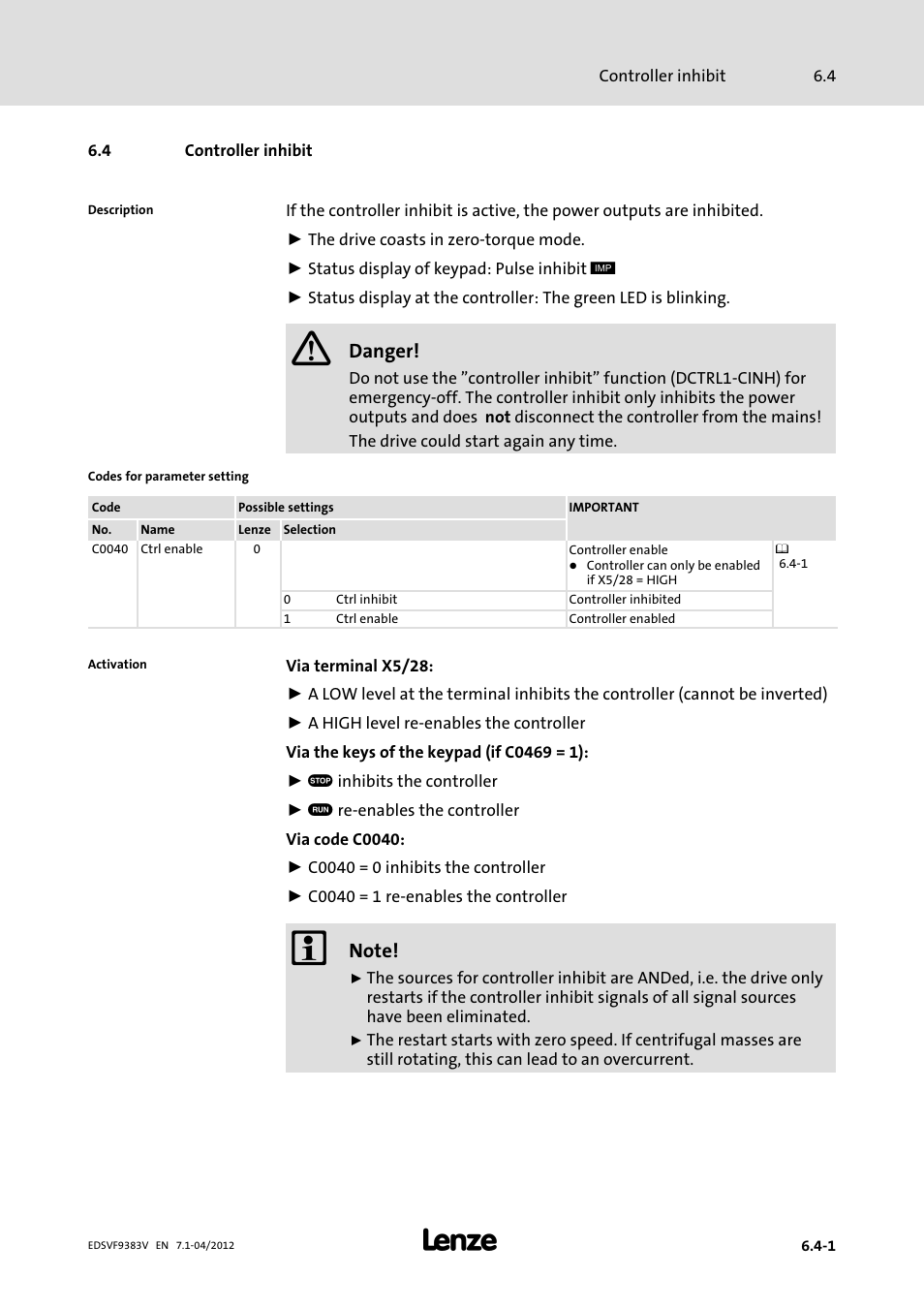 4 controller inhibit, Controller inhibit, Danger | Lenze EVF9383 User Manual | Page 133 / 458