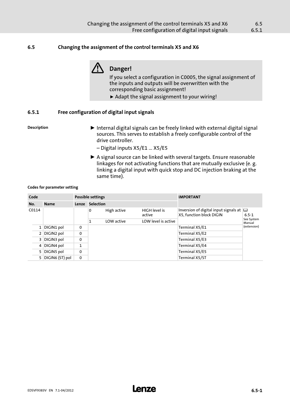 1 free configuration of digital input signals, Free configuration of digital input signals, Danger | Lenze EVF9383 User Manual | Page 135 / 458