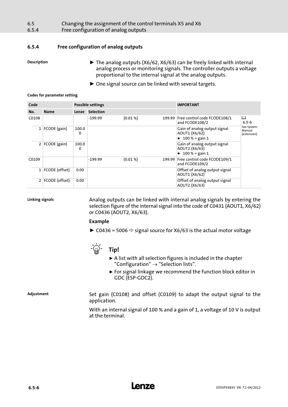 4 free configuration of analog outputs, Free configuration of analog outputs | Lenze EVF9383 User Manual | Page 140 / 458