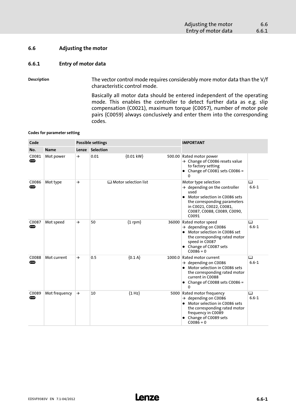 6 adjusting the motor, 1 entry of motor data entry of motor data, Adjusting the motor | Entry of motor data | Lenze EVF9383 User Manual | Page 141 / 458