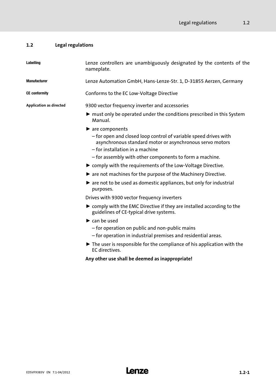 2 legal regulations, Legal regulations | Lenze EVF9383 User Manual | Page 15 / 458