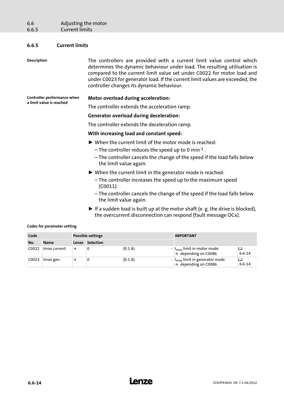 5 current limits, Current limits | Lenze EVF9383 User Manual | Page 154 / 458