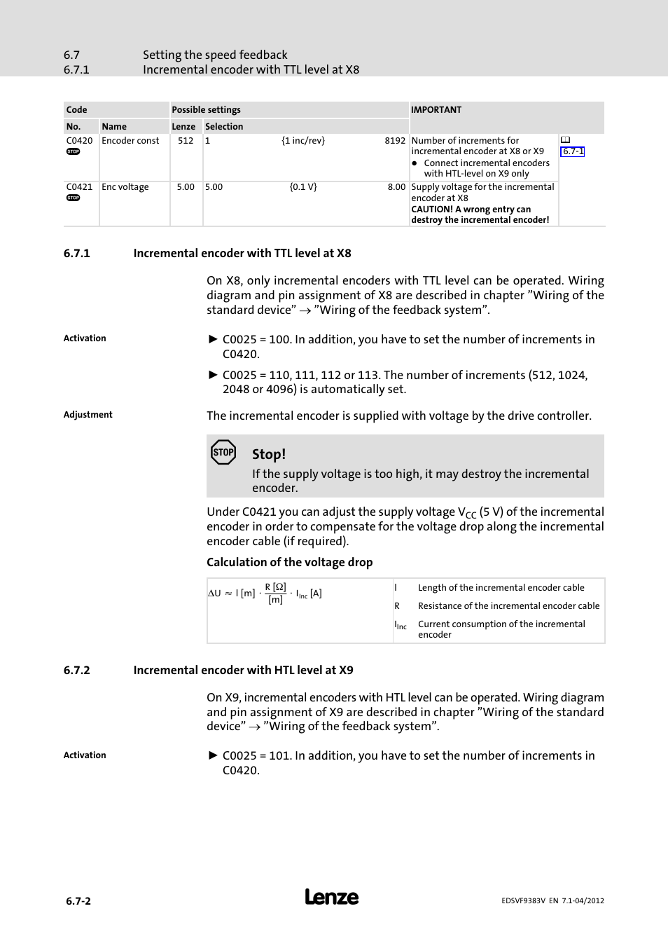 1 incremental encoder with ttl level at x8, 2 incremental encoder with htl level at x9, Incremental encoder with ttl level at x8 | Incremental encoder with htl level at x9, Stop | Lenze EVF9383 User Manual | Page 162 / 458