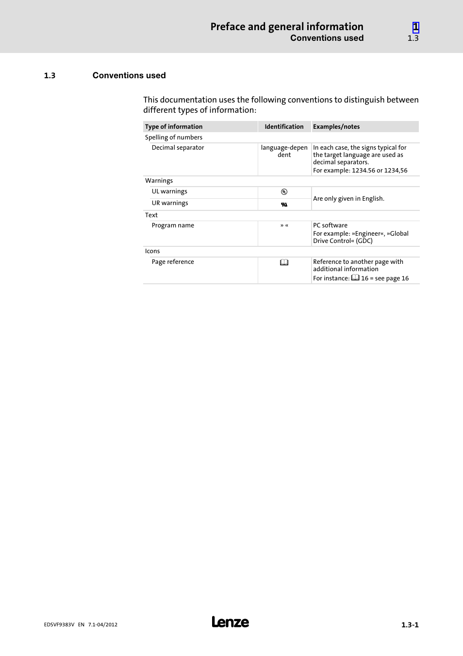 3 conventions used, Conventions used, Preface and general information | Lenze EVF9383 User Manual | Page 17 / 458