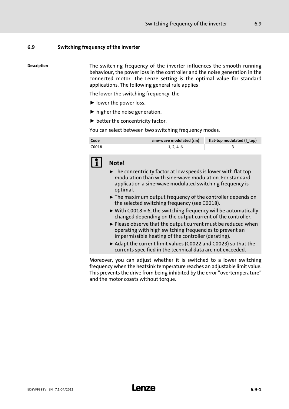 9 switching frequency of the inverter, Switching frequency of the inverter | Lenze EVF9383 User Manual | Page 177 / 458