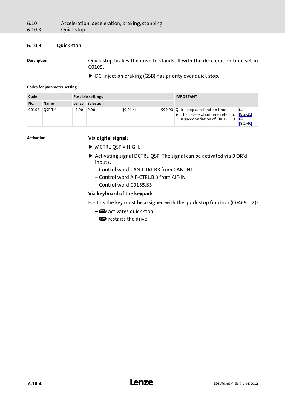 3 quick stop, Quick stop | Lenze EVF9383 User Manual | Page 182 / 458