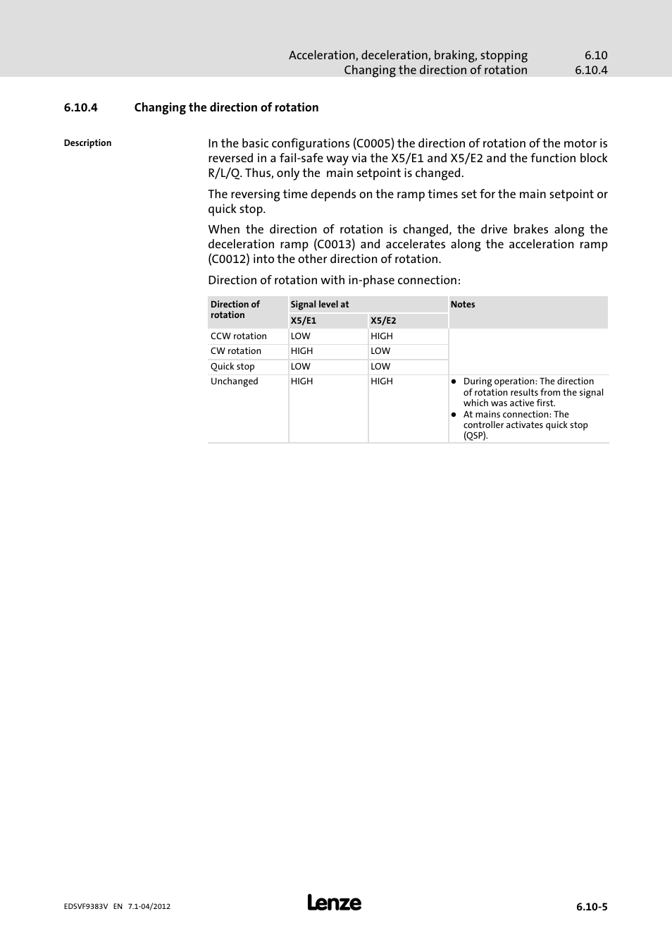 4 changing the direction of rotation, Changing the direction of rotation | Lenze EVF9383 User Manual | Page 183 / 458