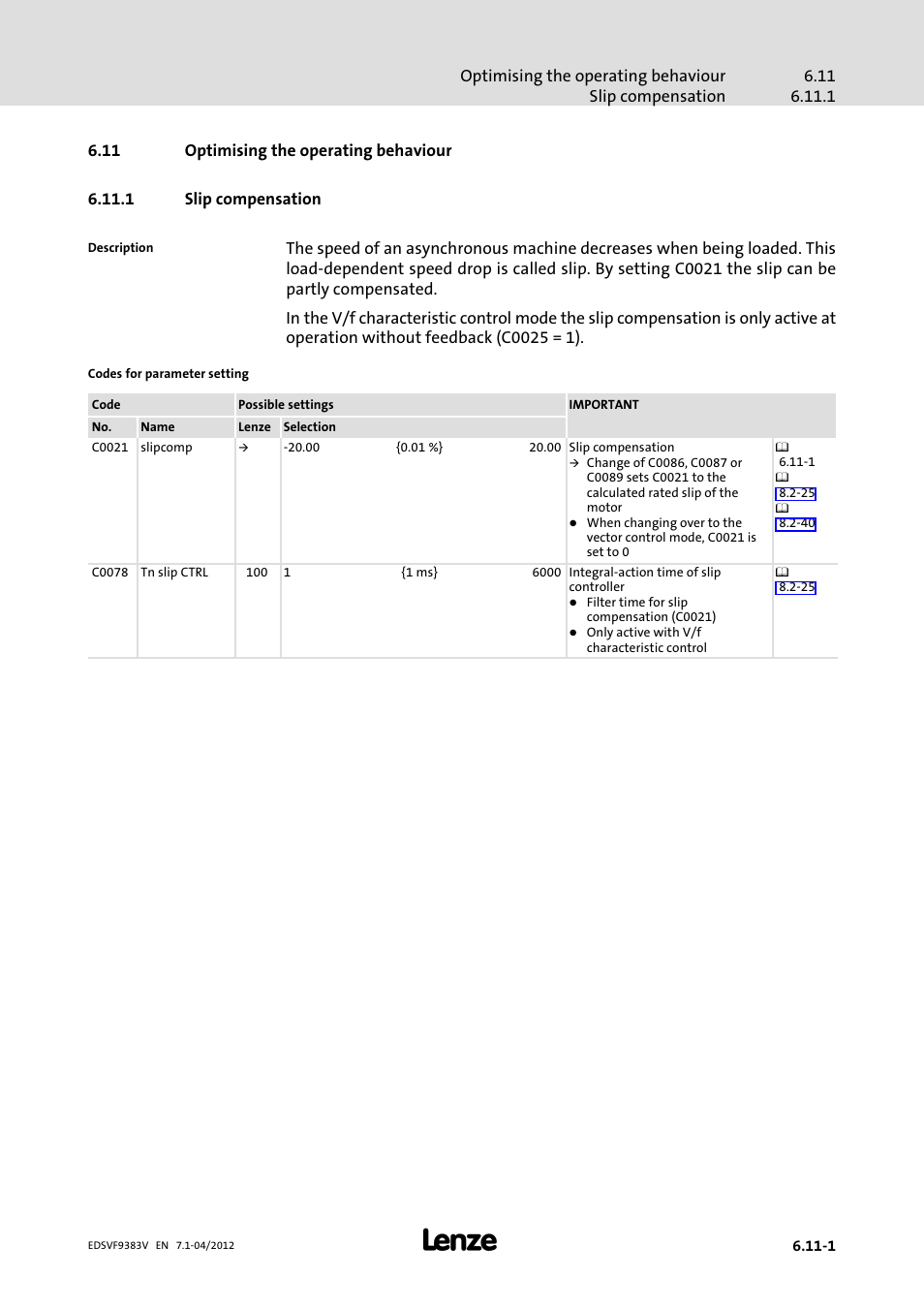 11 optimising the operating behaviour, 1 slip compensation, Optimising the operating behaviour | Slip compensation | Lenze EVF9383 User Manual | Page 185 / 458