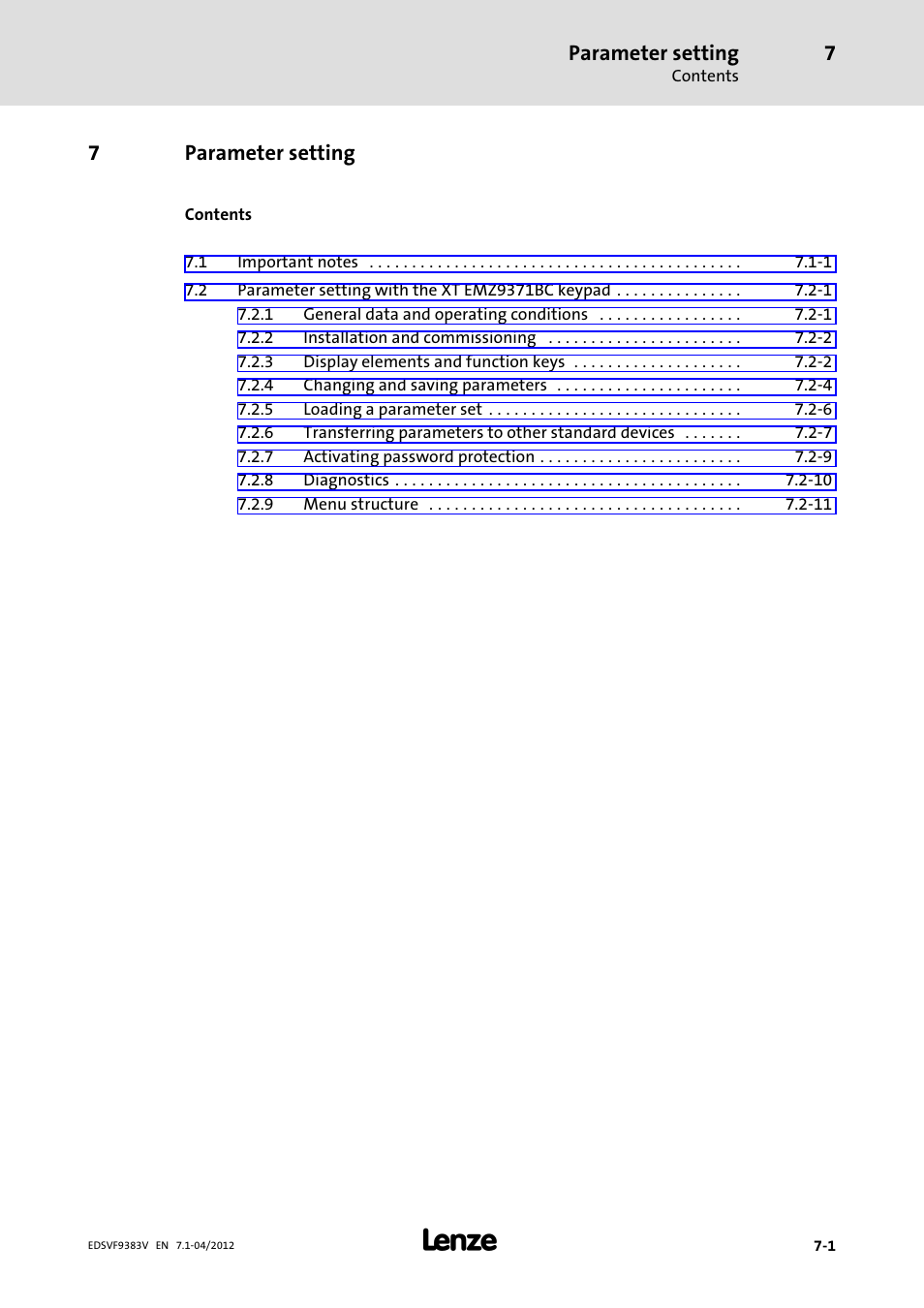7 parameter setting, Parameter setting, 7parameter setting | Lenze EVF9383 User Manual | Page 197 / 458