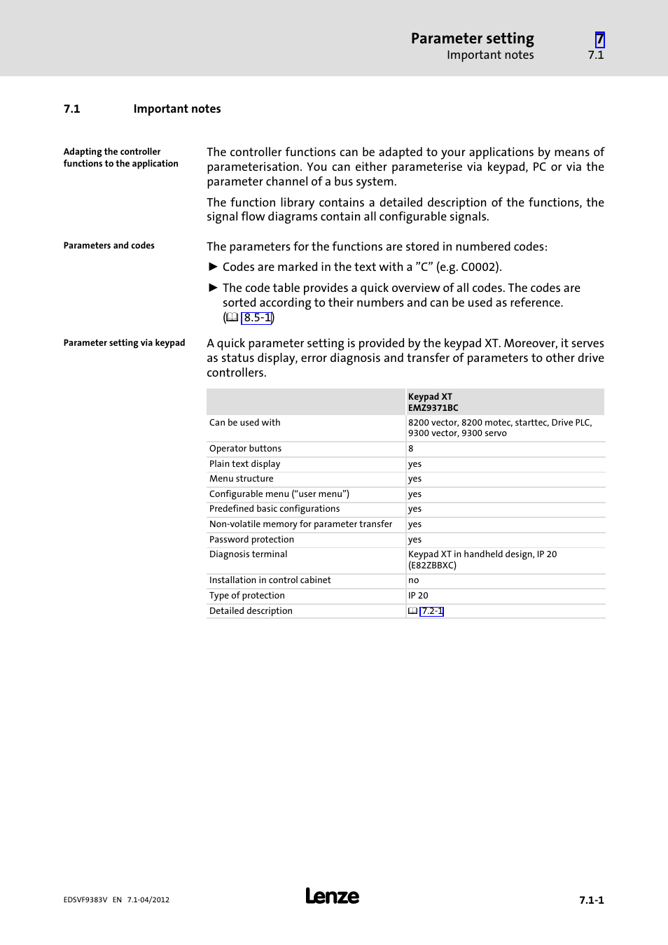 1 important notes, Important notes, Parameter setting | Lenze EVF9383 User Manual | Page 199 / 458
