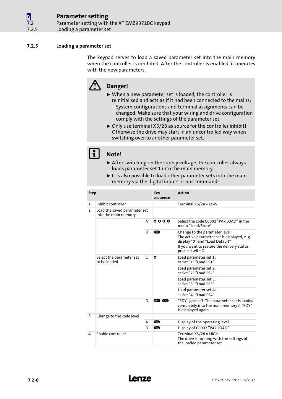 5 loading a parameter set, Loading a parameter set, Parameter setting | Danger | Lenze EVF9383 User Manual | Page 206 / 458