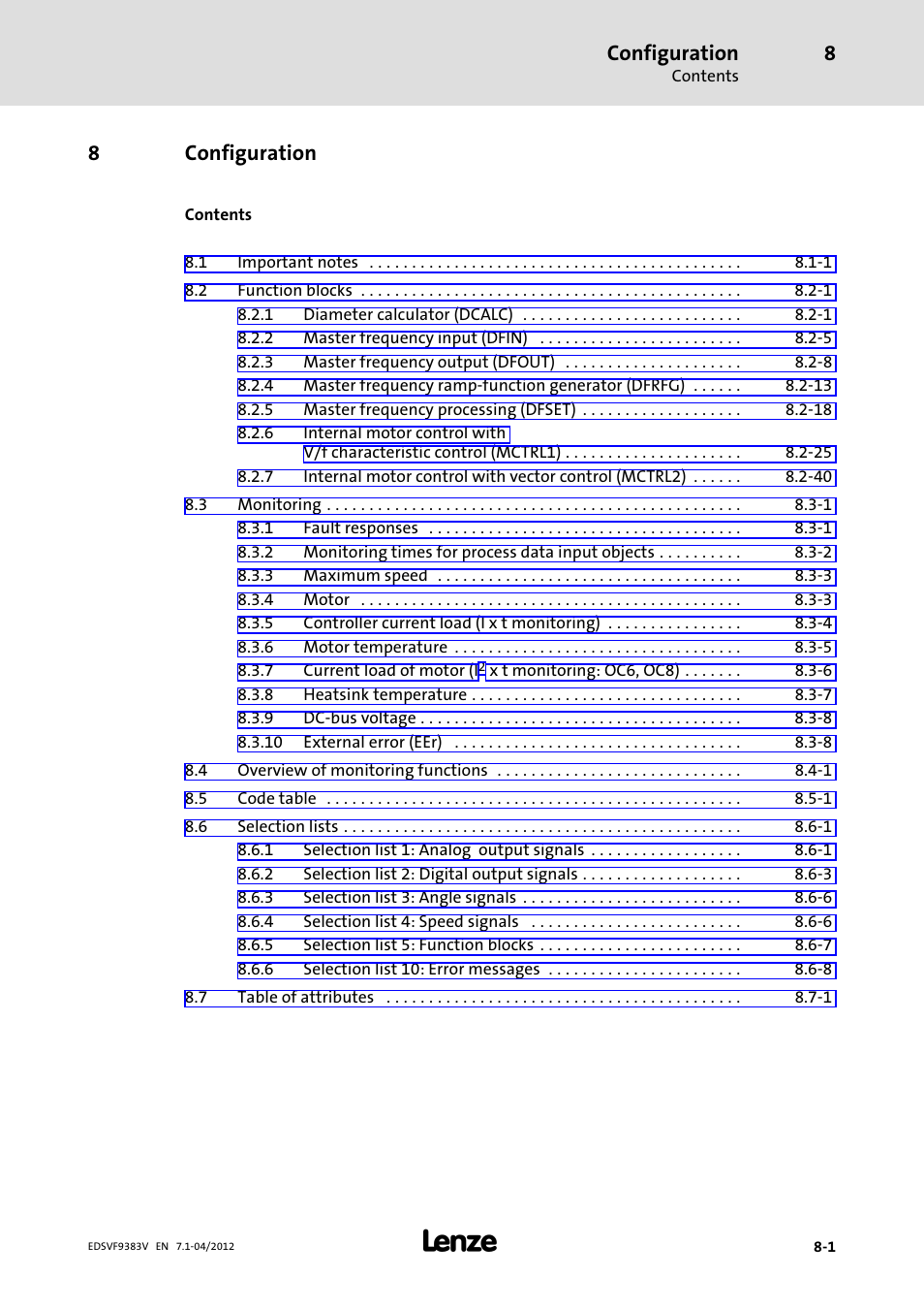 8 configuration, Configuration, 8configuration | Lenze EVF9383 User Manual | Page 213 / 458