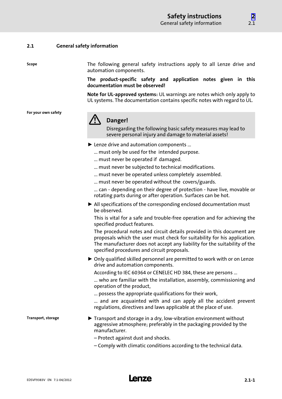 1 general safety information, General safety information, Safety instructions | Lenze EVF9383 User Manual | Page 23 / 458